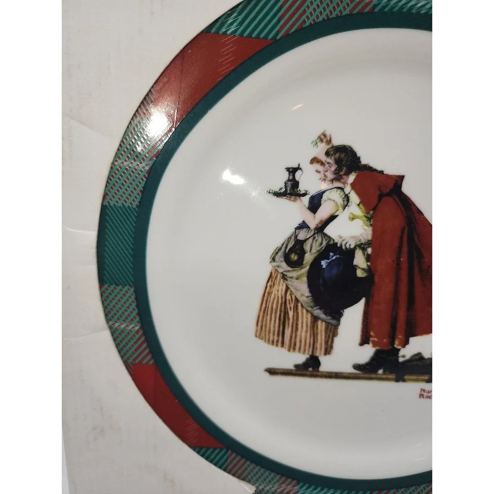 Norman Rockwell Mistletoe Christmas Collector Plate Red Green Plaid Border